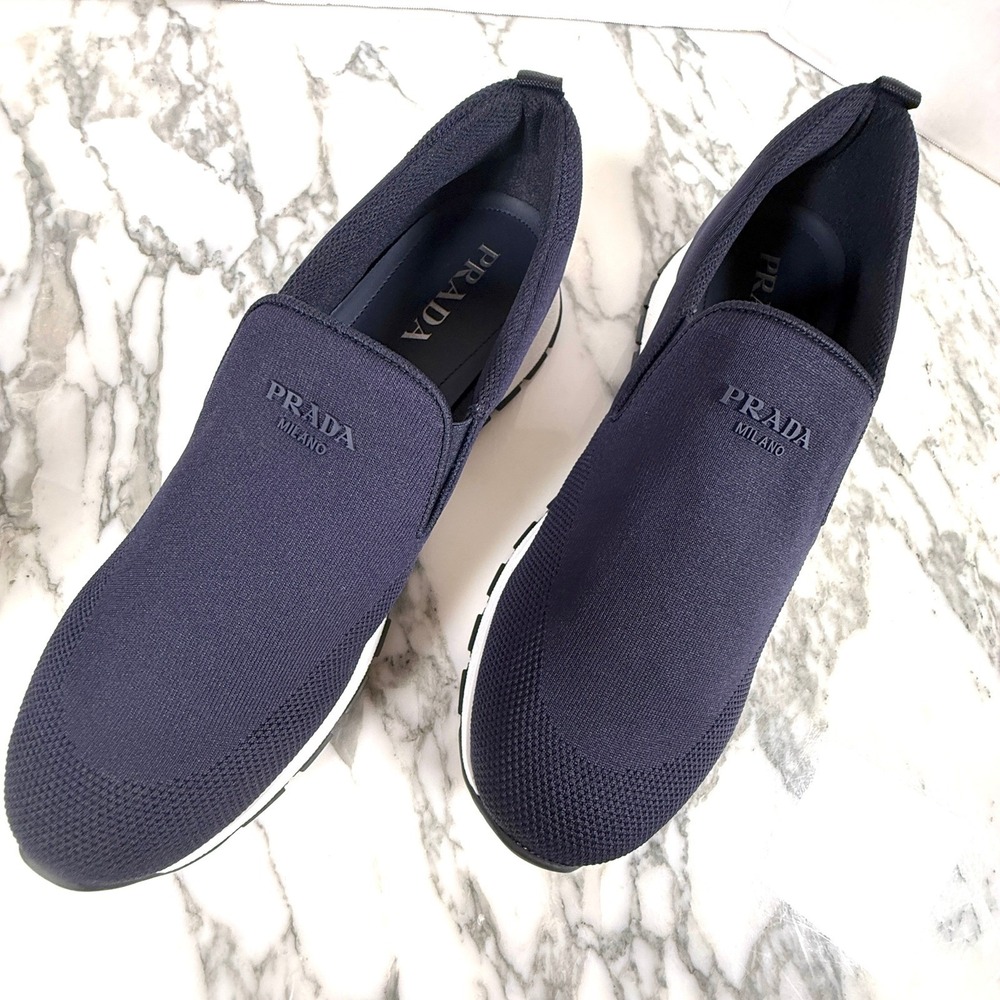 Prada Milano Mens Navy Blue Knit Slip On Sneakers Loafers 2DE157 Shoes, sz UK 10